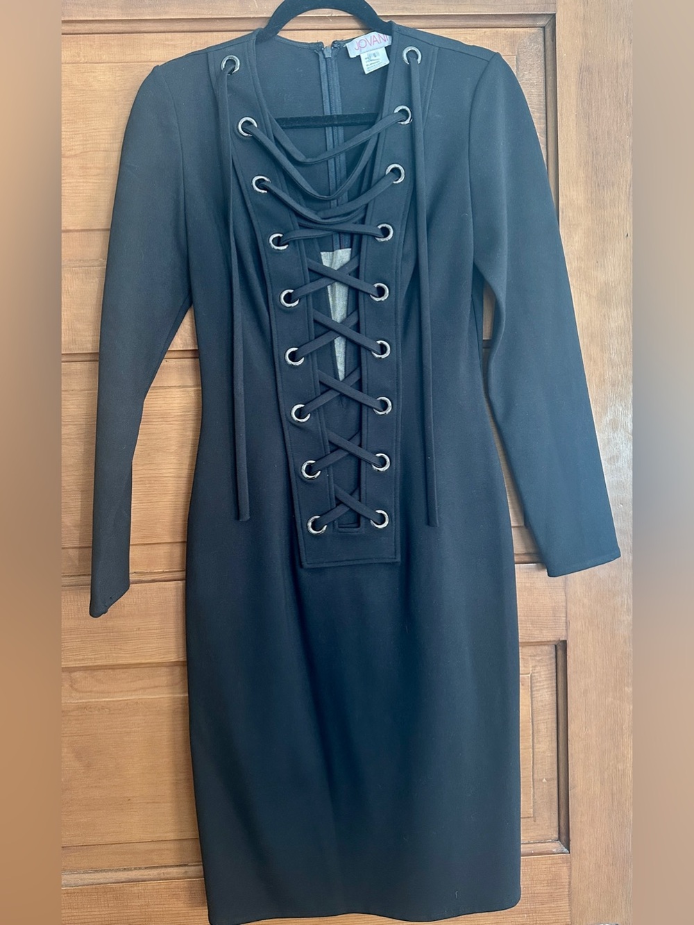Jovani Black Long Sleeve Lace-Up Front Dress - scuba feel!  Sexy, bodycon, low V